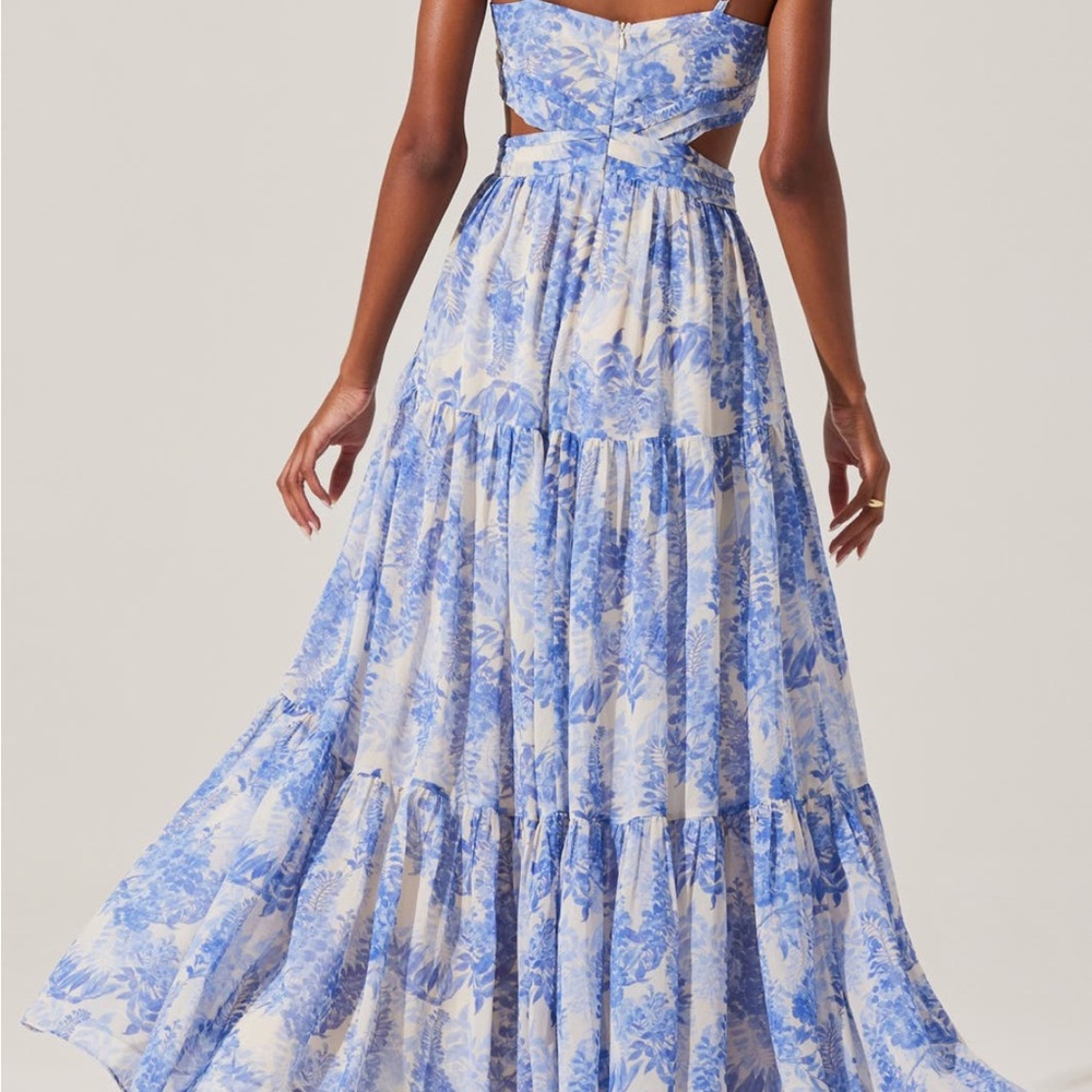 Astr Blue and White Backless Maxi Dress